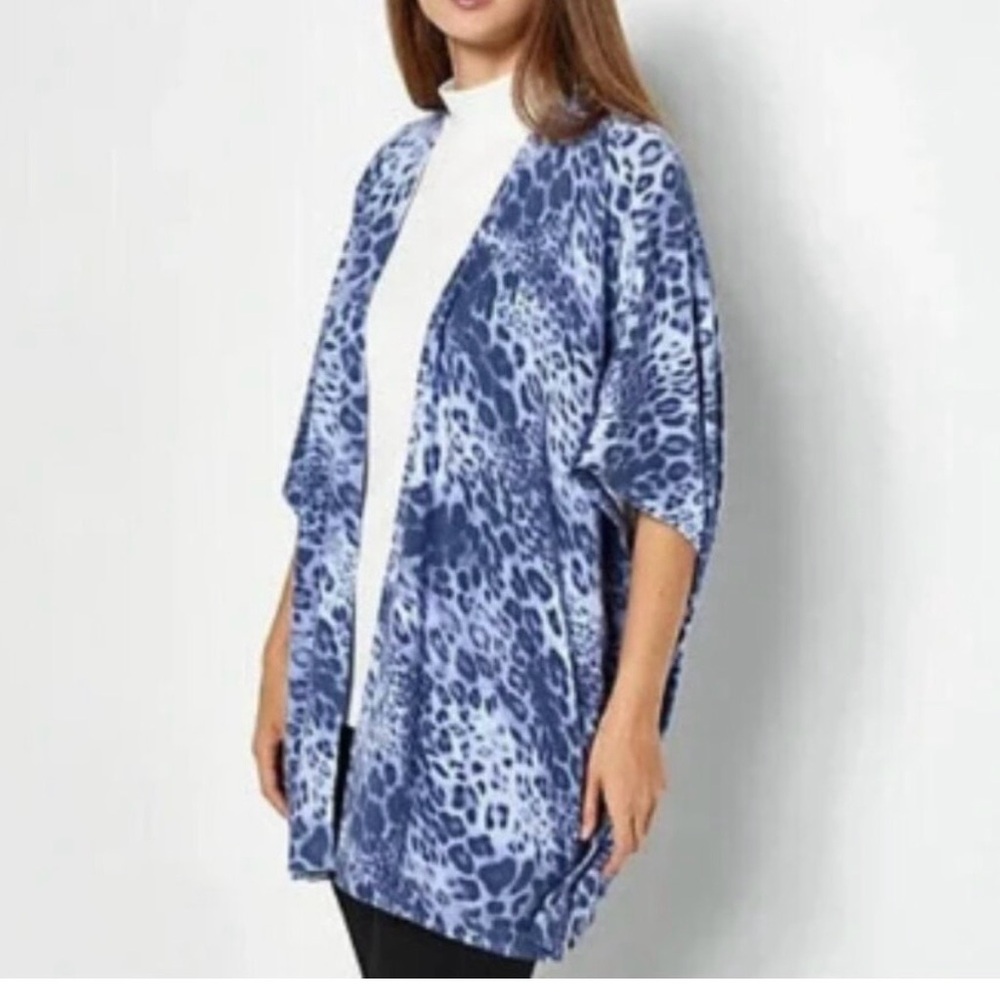 Susan Graver Weekend Leopard Animal Print Kimono Style Open Flowy Cardigan